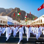 Home 21 오만 독립 기념일 - A vibrant street scene in Muscat during the Omani Independence Day celebration, featuring a group of...