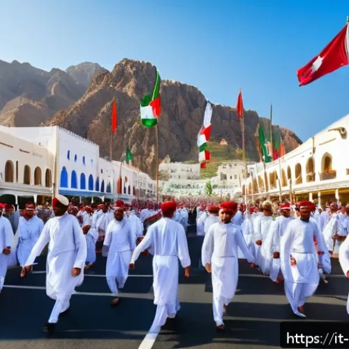 Home 33 오만 독립 기념일 - A vibrant street scene in Muscat during the Omani Independence Day celebration, featuring a group of...