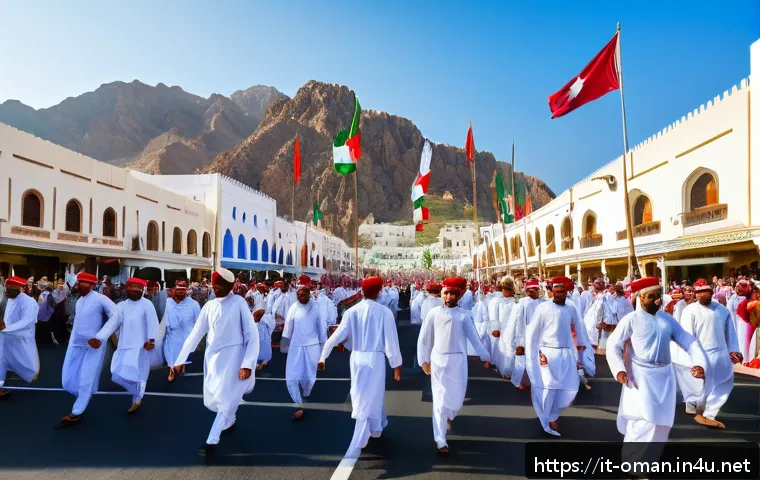 오만 독립 기념일 - A vibrant street scene in Muscat during the Omani Independence Day celebration, featuring a group of...