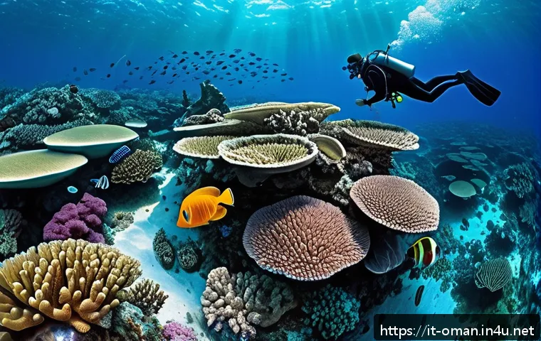 오만 알할라니야 섬 여행 - A vibrant underwater scene around Al Hallaniyah island, featuring a colorful coral reef teeming with...