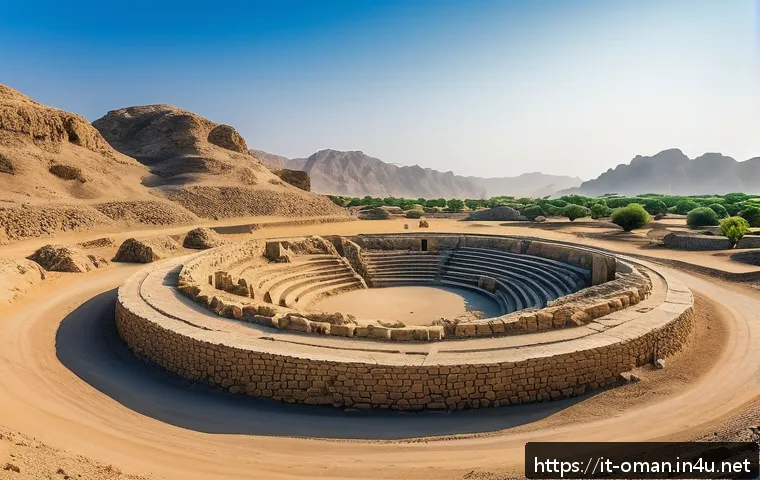 오만의 고고학 유적 - A panoramic view of the ancient Neolithic necropolis at Bat, Oman, showcasing large megalithic tombs...